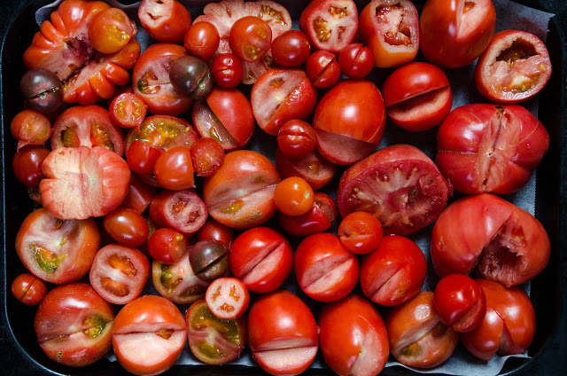 Blandade tomater på plåt med bortskurna skrutt Farbror Grön