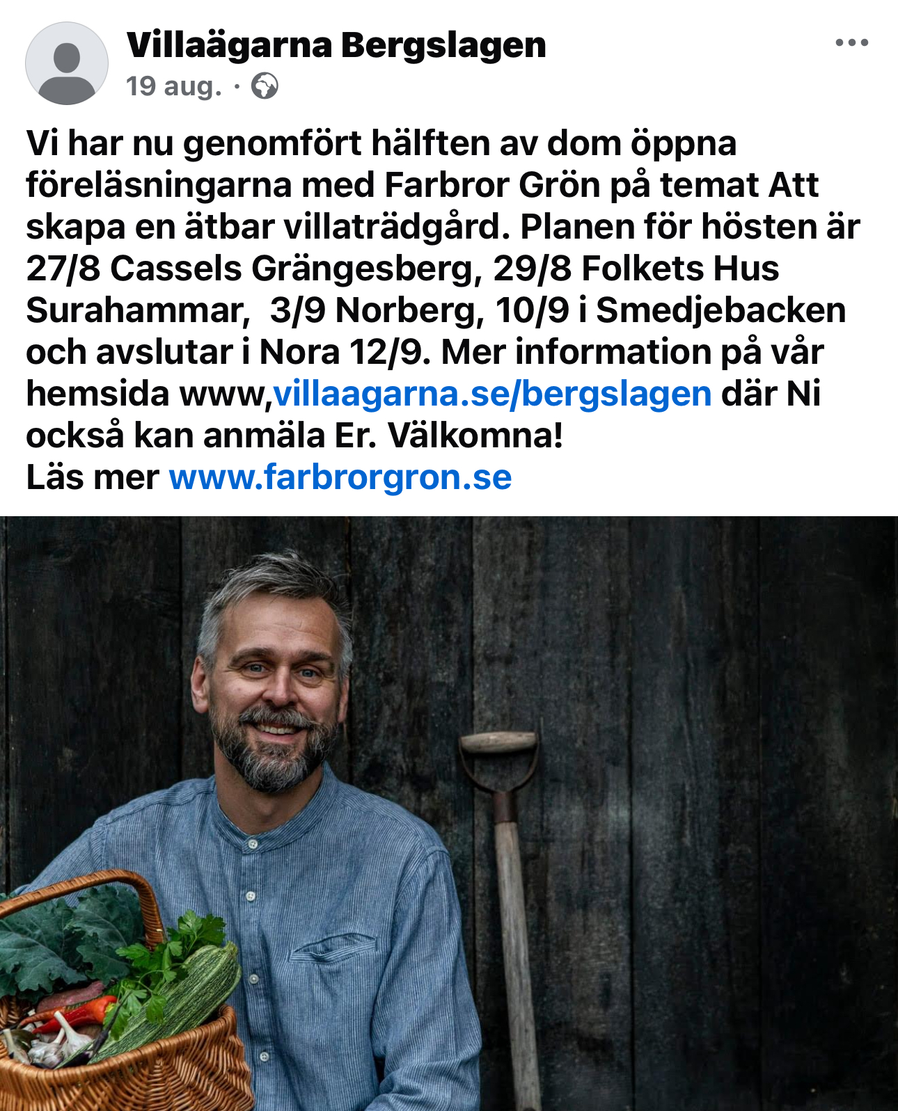 Gratis föreläsning med Farbror Grön 10/9 i Smedjebacken och den 12/9 i Nora.